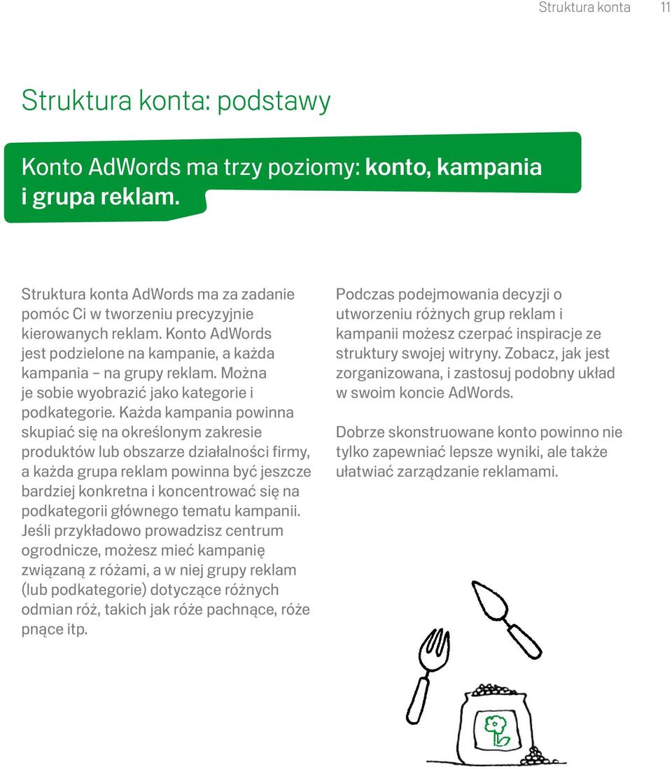 Każda kampania powinna skupiać się na określonym zakresie produktów lub obszarze działalności firmy, a każda grupa reklam powinna być jeszcze bardziej konkretna i koncentrować się na podkategorii