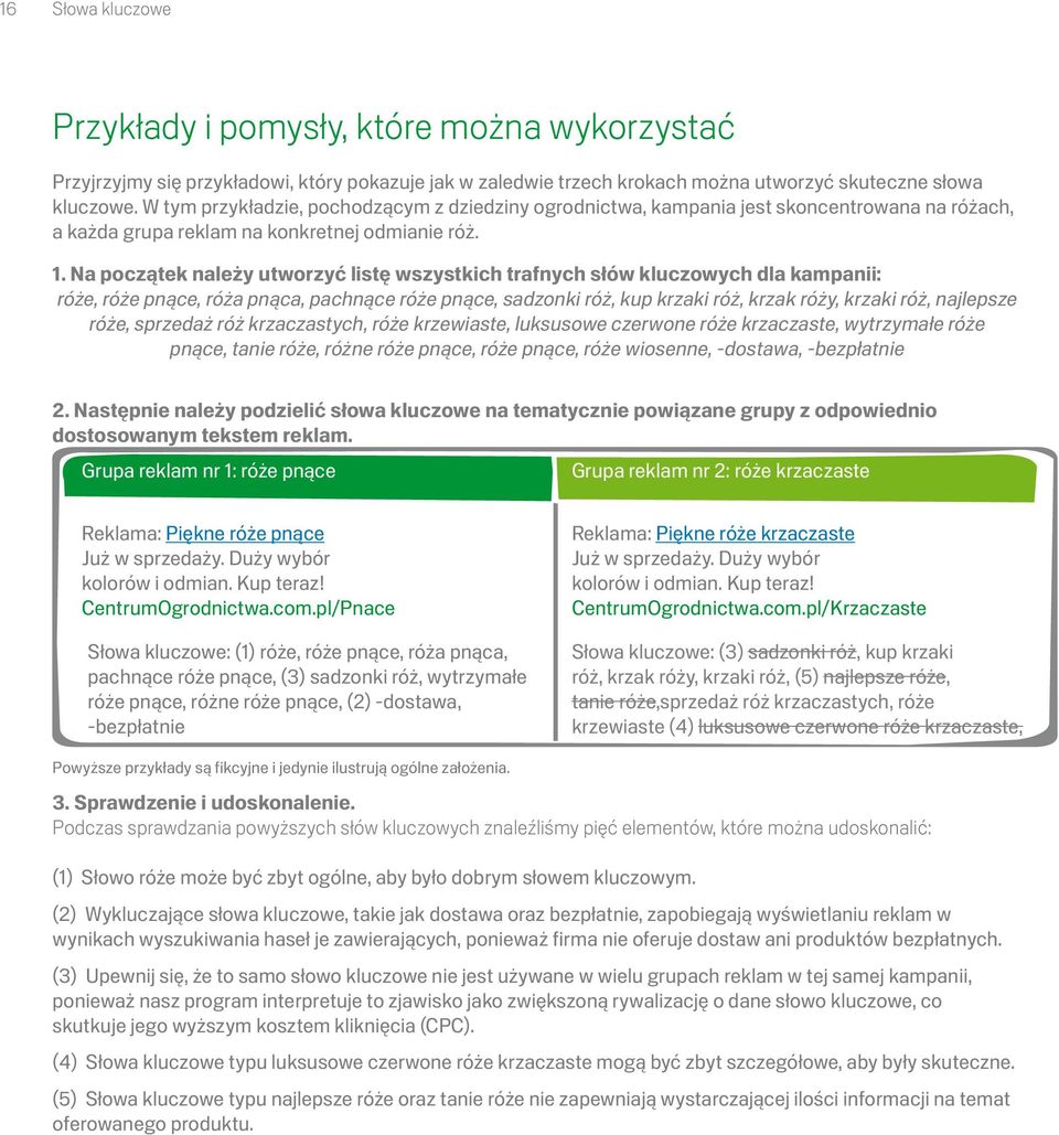 Na początek należy utworzyć listę wszystkich trafnych słów kluczowych dla kampanii: róże, róże pnące, róża pnąca, pachnące róże pnące, sadzonki róż, kup krzaki róż, krzak róży, krzaki róż, najlepsze