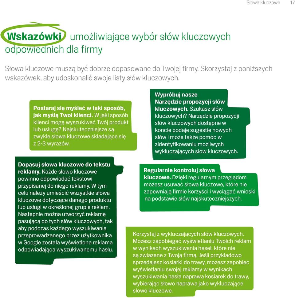 W jaki sposób klienci mogą wyszukiwać Twój produkt lub usługę? Najskuteczniejsze są zwykle słowa kluczowe składające się z 2-3 wyrazów. Dopasuj słowa kluczowe do tekstu reklamy.