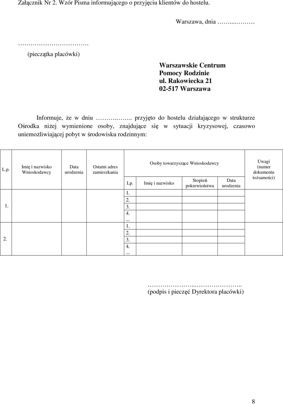 .. przyjęto do hostelu działającego w strukturze Ośrodka niŝej wymienione osoby, znajdujące się w sytuacji kryzysowej, czasowo uniemoŝliwiającej pobyt w środowisku