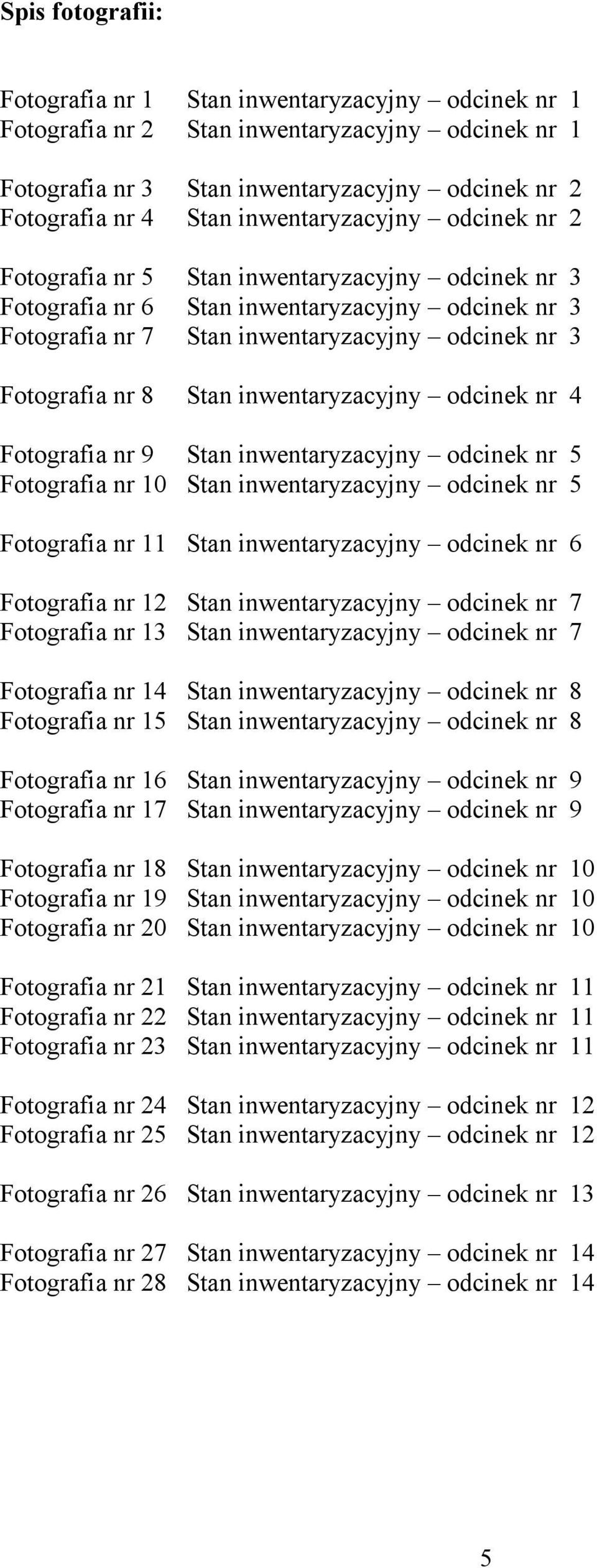 Stan inwentaryzacyjny odcinek nr 4 Fotografia nr 9 Stan inwentaryzacyjny odcinek nr 5 Fotografia nr 10 Stan inwentaryzacyjny odcinek nr 5 Fotografia nr 11 Stan inwentaryzacyjny odcinek nr 6