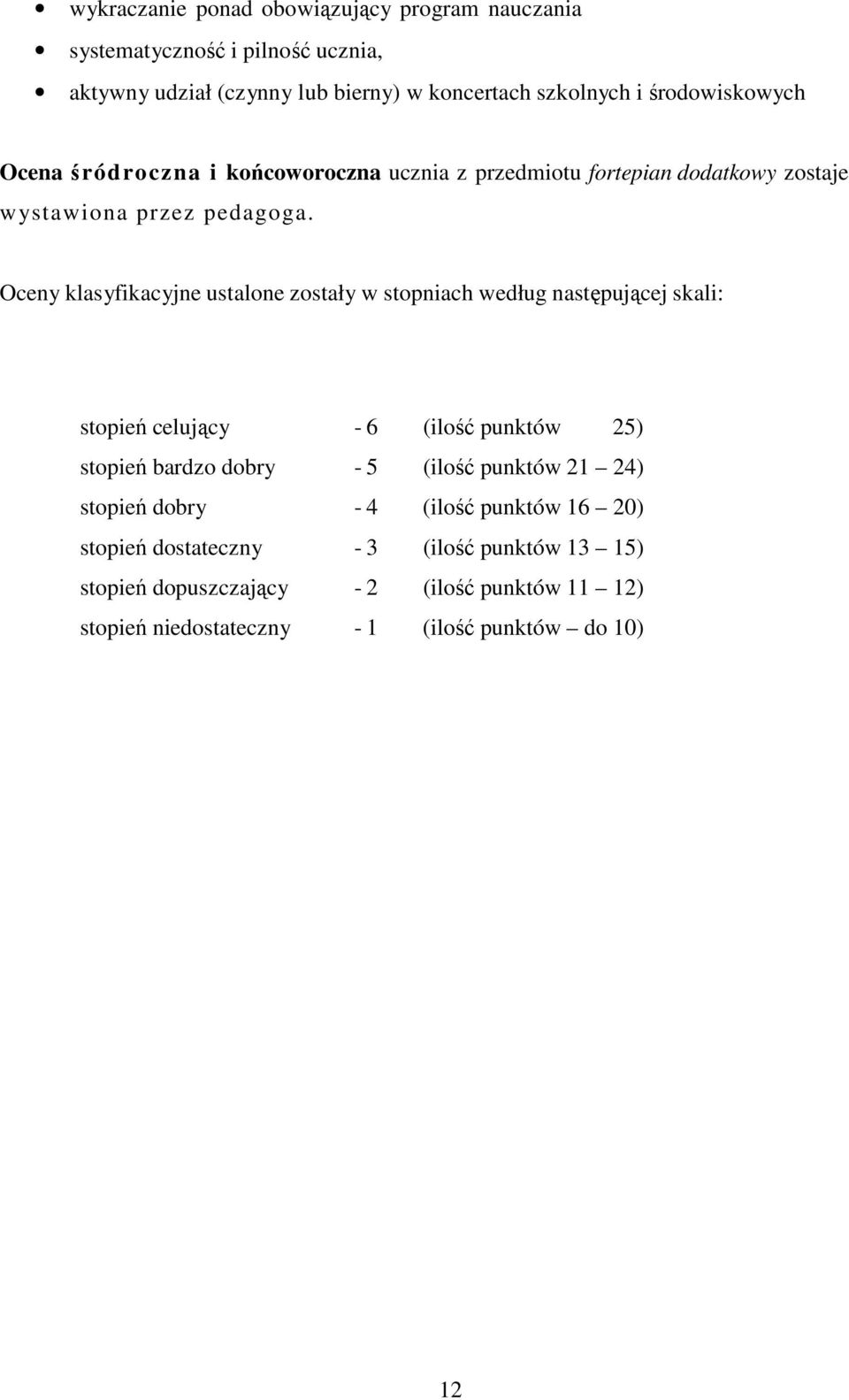 Oceny klasyfikacyjne ustalone zostały w stopniach według następującej skali: stopień celujący - 6 (ilość punktów 25) stopień bardzo dobry - 5 (ilość