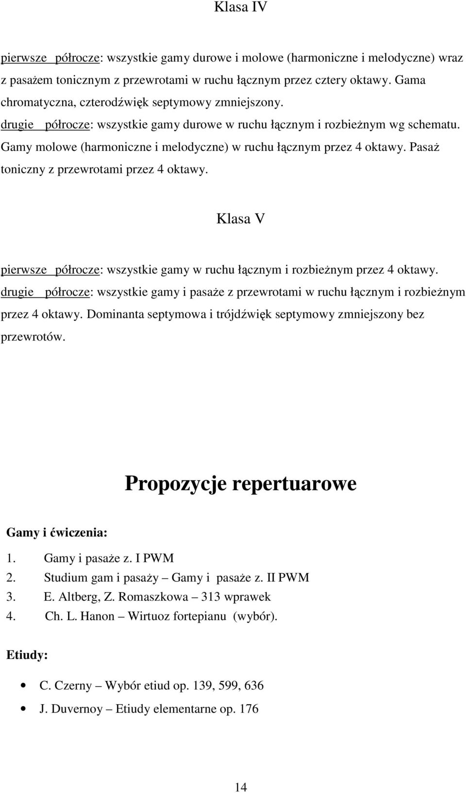 Gamy molowe (harmoniczne i melodyczne) w ruchu łącznym przez 4 oktawy. PasaŜ toniczny z przewrotami przez 4 oktawy.
