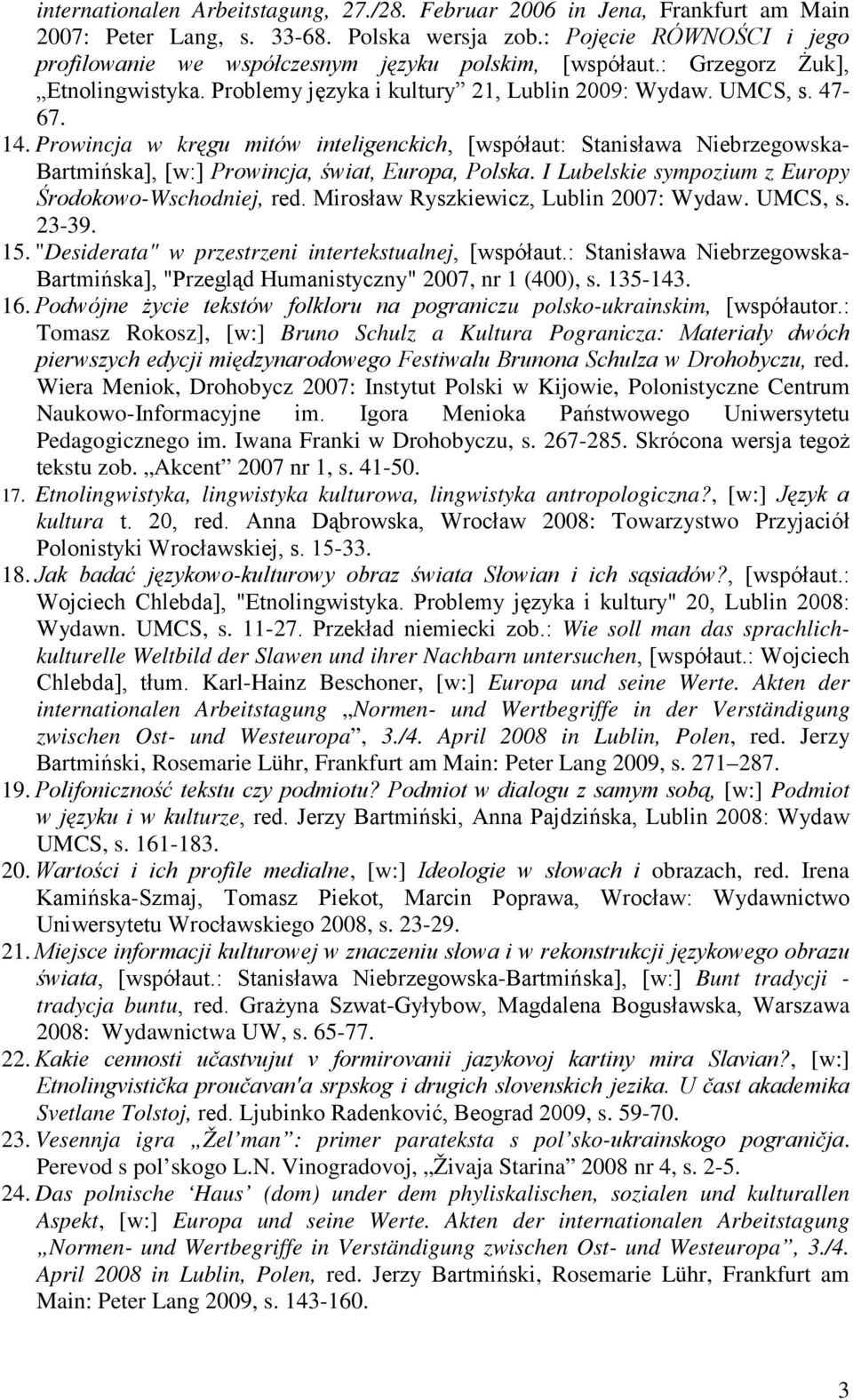Prowincja w kręgu mitów inteligenckich, [współaut: Stanisława Niebrzegowska- Bartmińska], [w:] Prowincja, świat, Europa, Polska. I Lubelskie sympozium z Europy Środokowo-Wschodniej, red.
