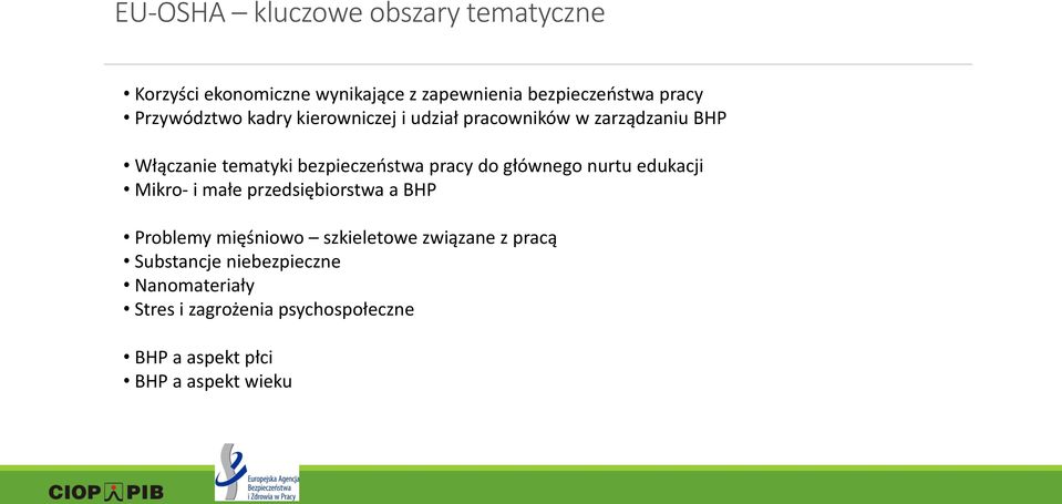 pracy do głównego nurtu edukacji Mikro- i małe przedsiębiorstwa a BHP Problemy mięśniowo szkieletowe