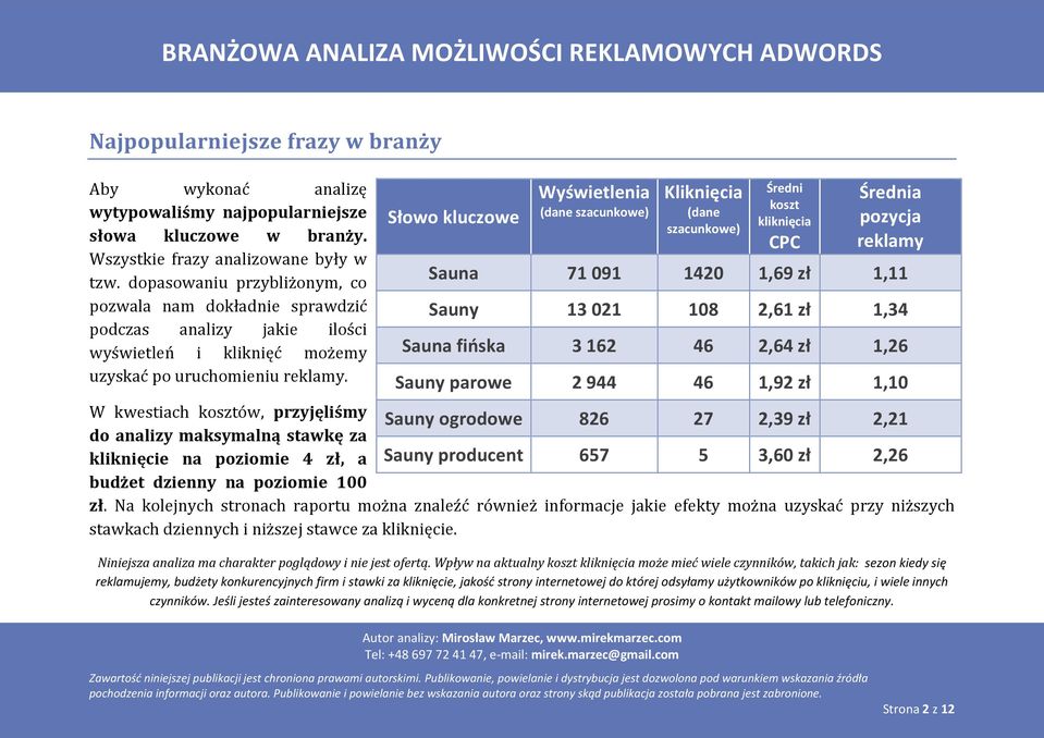 Słowo kluczowe Wyświetlenia (dane szacunkowe) Kliknięcia (dane szacunkowe) Średni koszt kliknięcia CPC Średnia pozycja reklamy Sauna 71 091 1420 1,69 zł 1,11 Sauny 13 021 108 2,61 zł 1,34 Sauna