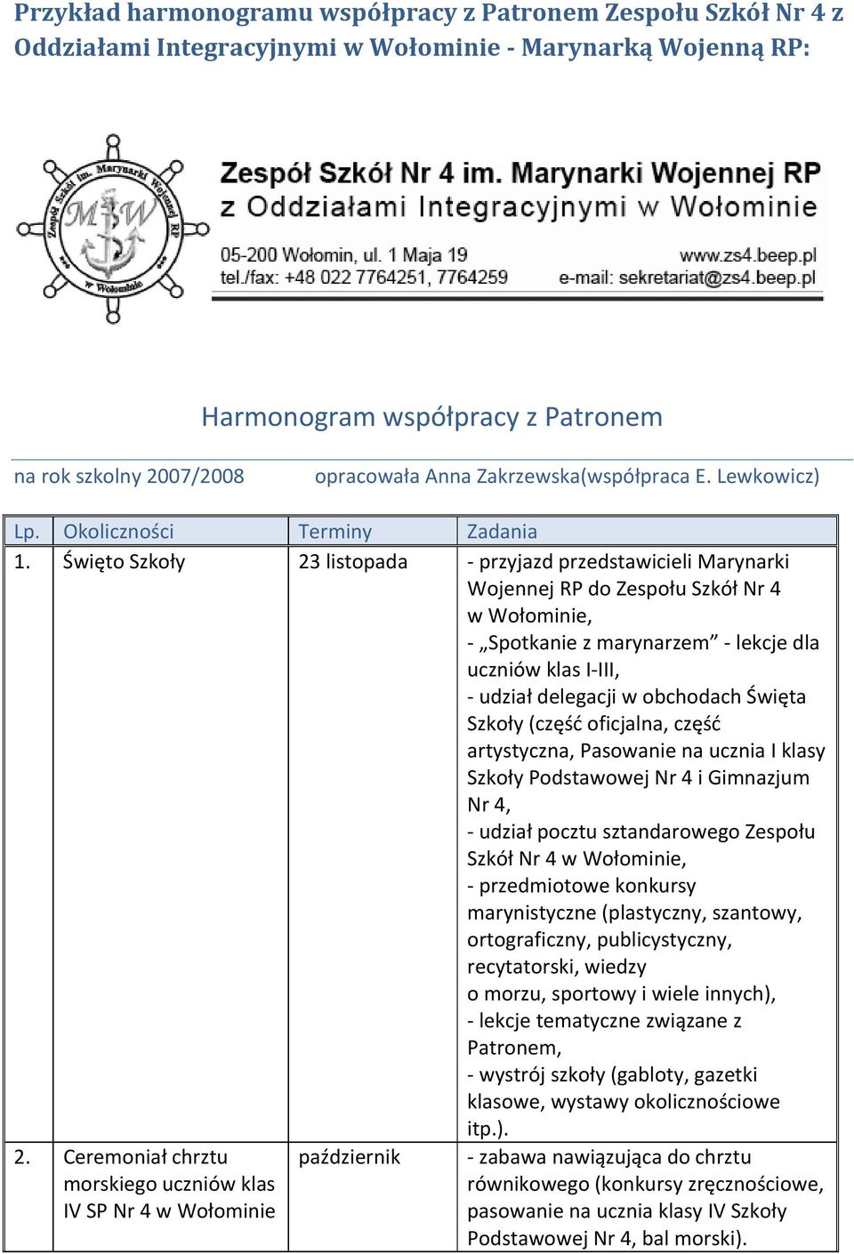 Święto Szkoły 23 listopada przyjazd przedstawicieli Marynarki Wojennej RP do Zespołu Szkół Nr 4 w Wołominie, Spotkanie z marynarzem lekcje dla uczniów klas I III, udział delegacji w obchodach Święta
