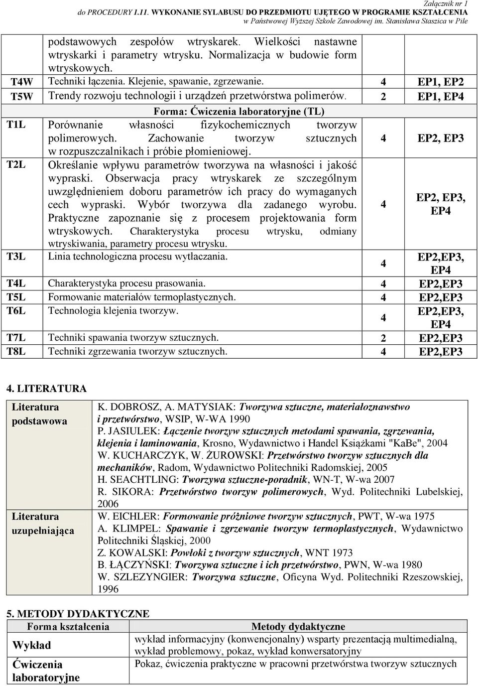 4 EP1, EP2 T5W Trendy rozwoju technologii i urządzeń polimerów. 2 EP1, Forma: Ćwiczenia laboratoryjne (TL) T1L Porównanie własności fizykochemicznych tworzyw polimerowych.