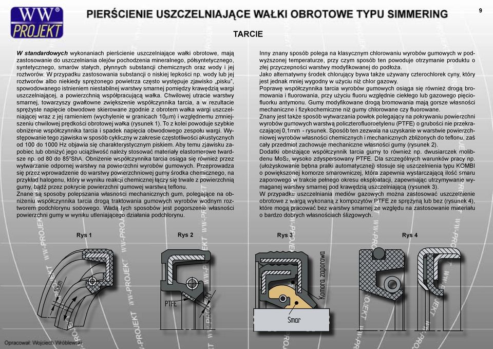 wody lub jej roztworów albo niekiedy sprężonego powietrza często występuje zjawisko pisku, spowodowanego istnieniem niestabilnej warstwy smarnej pomiędzy krawędzią wargi uszczelniającej, a