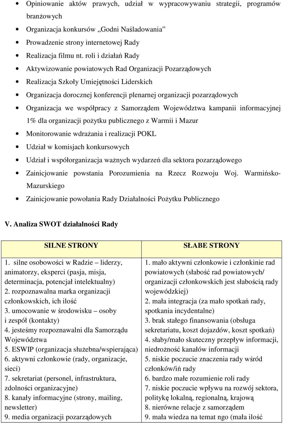 we współpracy z Samorządem Województwa kampanii informacyjnej 1% dla organizacji pożytku publicznego z Warmii i Mazur Monitorowanie wdrażania i realizacji POKL Udział w komisjach konkursowych Udział