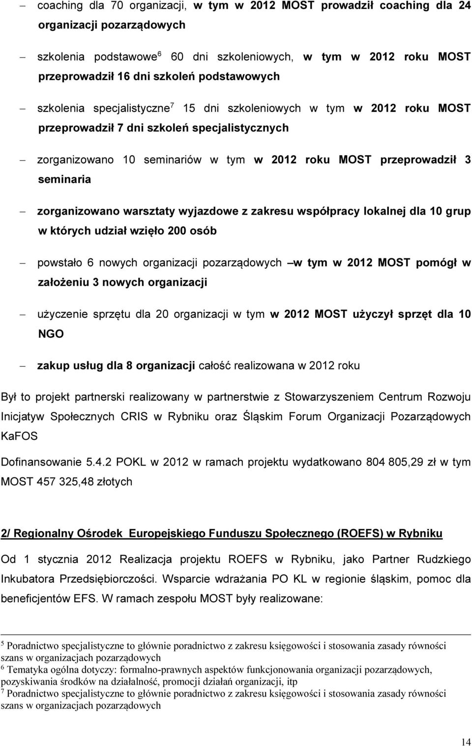 seminaria zorganizowano warsztaty wyjazdowe z zakresu współpracy lokalnej dla 10 grup w których udział wzięło 200 osób powstało 6 nowych organizacji pozarządowych w tym w 2012 MOST pomógł w założeniu