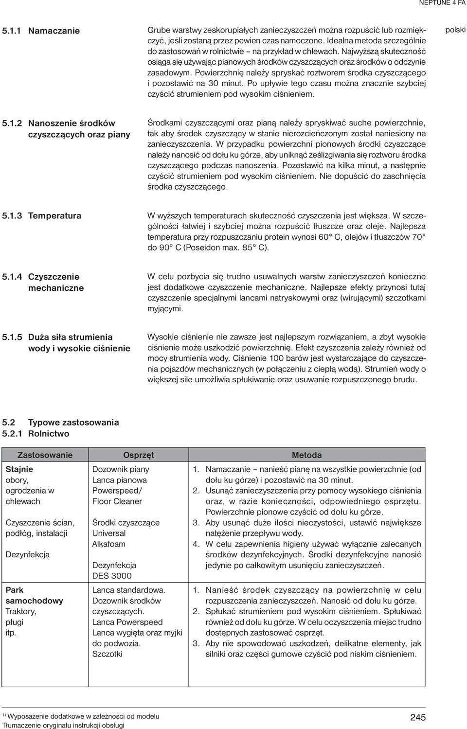 Powierzchnię należy spryskać roztworem środka czyszczącego i pozostawić na 30 minut. Po upływie tego czasu można znacznie szybciej czyścić strumieniem pod wysokim ciśnieniem. 5.1.