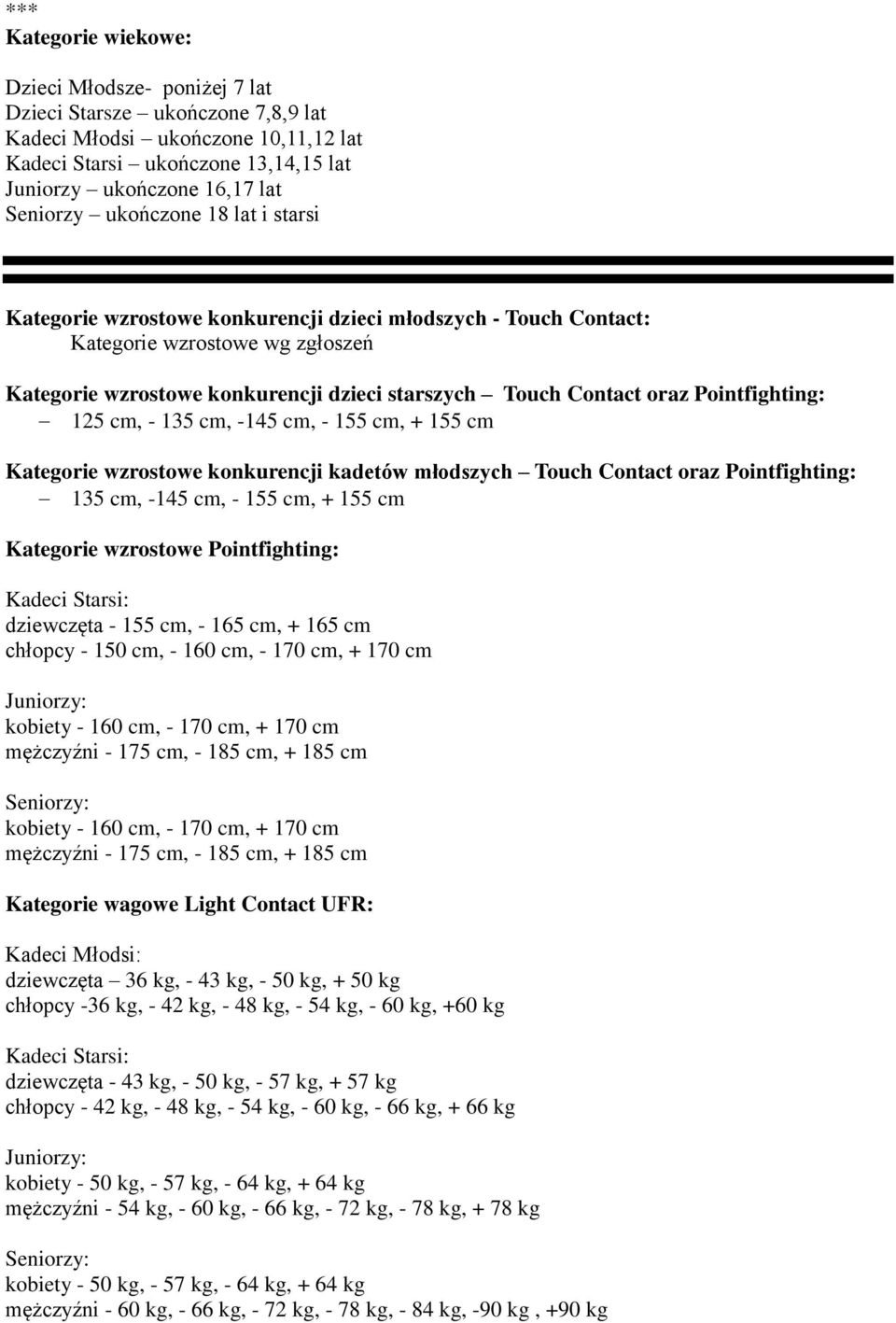 Pointfighting: 125 cm, - 135 cm, -145 cm, - 155 cm, + 155 cm Kategorie wzrostowe konkurencji kadetów młodszych Touch Contact oraz Pointfighting: 135 cm, -145 cm, - 155 cm, + 155 cm Kategorie
