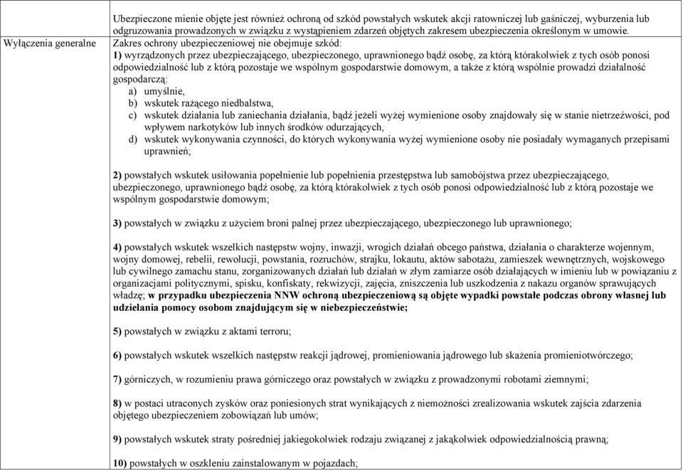 Zakres ochrony ubezpieczeniowej nie obejmuje szkód: 1) wyrządzonych przez ubezpieczającego, ubezpieczonego, uprawnionego bądź osobę, za którą którakolwiek z tych osób ponosi odpowiedzialność lub z