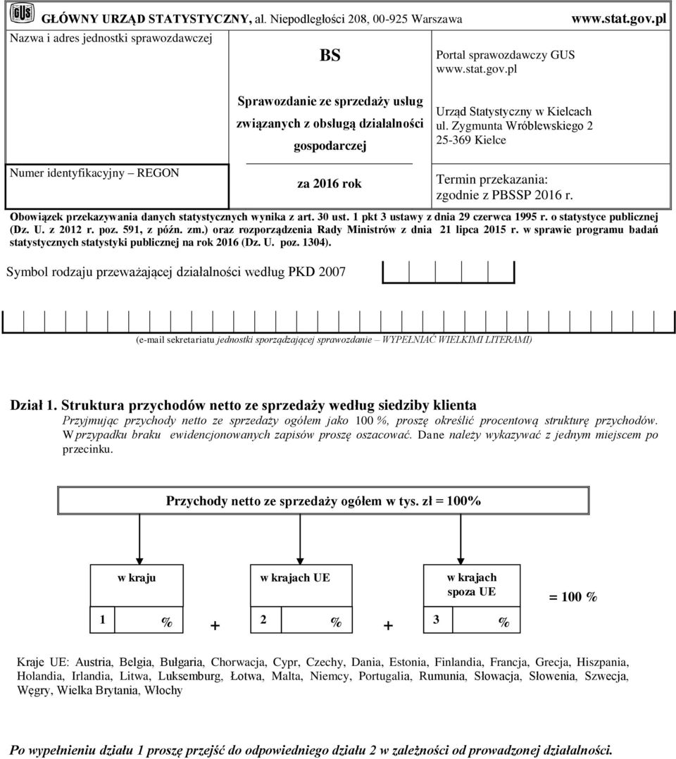 Zygmunta Wróblewskiego 2 25-369 Kielce Numer identyfikacyjny REGON a 2016 rok Termin prekaania: godnie PBSSP 2016 r. Obowiąek prekaywania danych statystycnych wynika art. 30 ust.