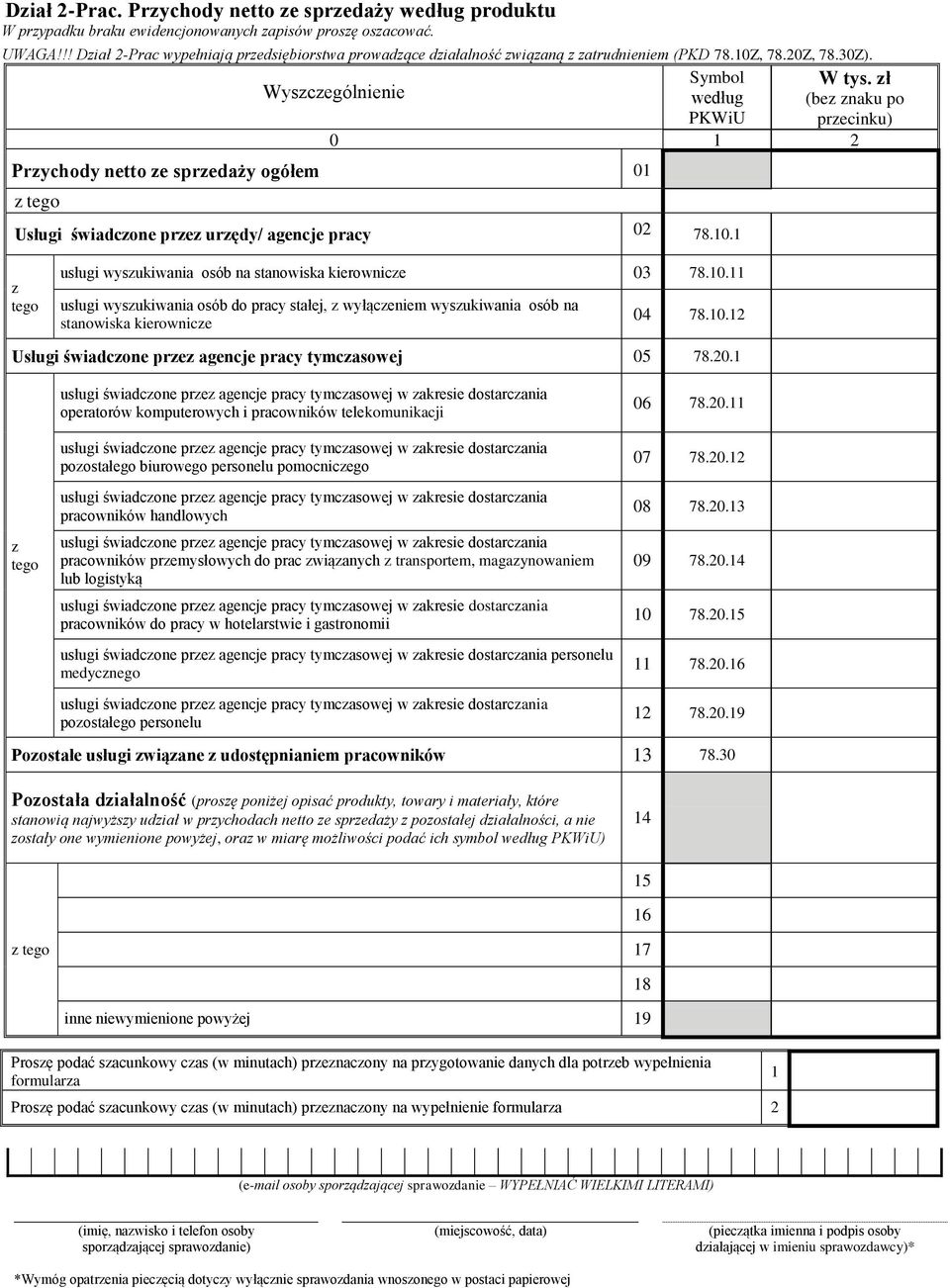 ł (be naku po precinku) Prychody netto e spredaży ogółem 01 Usługi świadcone pre urędy/ agencje pracy 02 78.10.