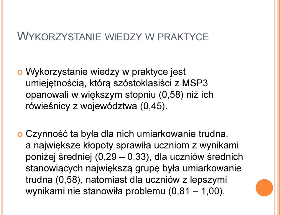 Czynność ta była dla nich umiarkowanie trudna, a największe kłopoty sprawiła uczniom z wynikami poniżej średniej (0,29