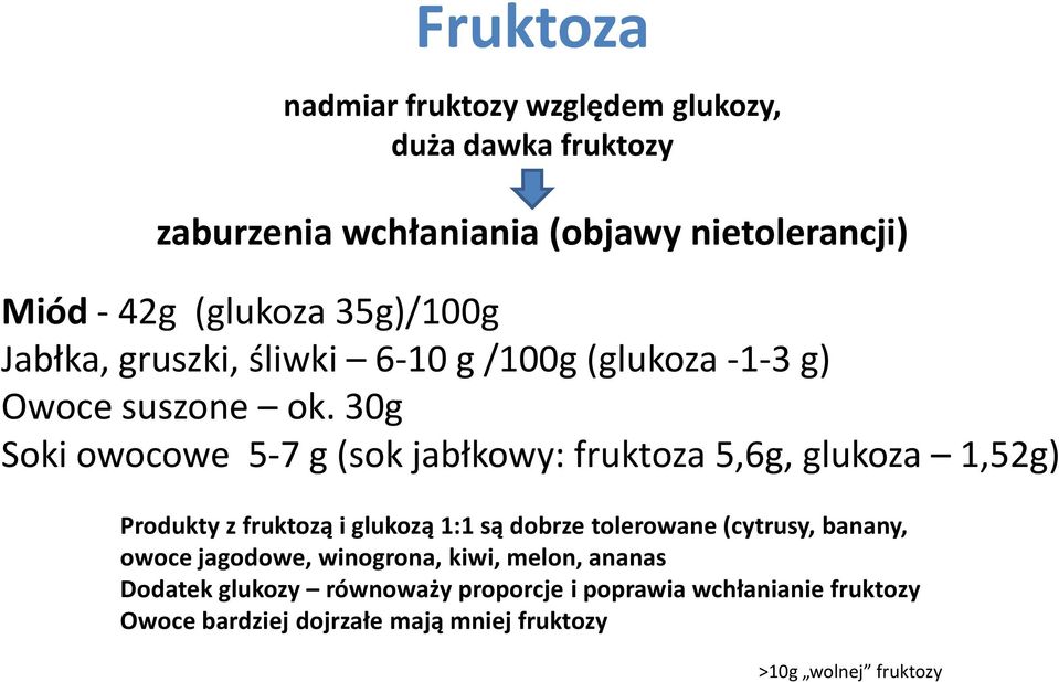 30g Soki owocowe 5-7 g (sok jabłkowy: fruktoza 5,6g, glukoza 1,52g) Produkty z fruktozą i glukozą 1:1 są dobrze tolerowane (cytrusy,