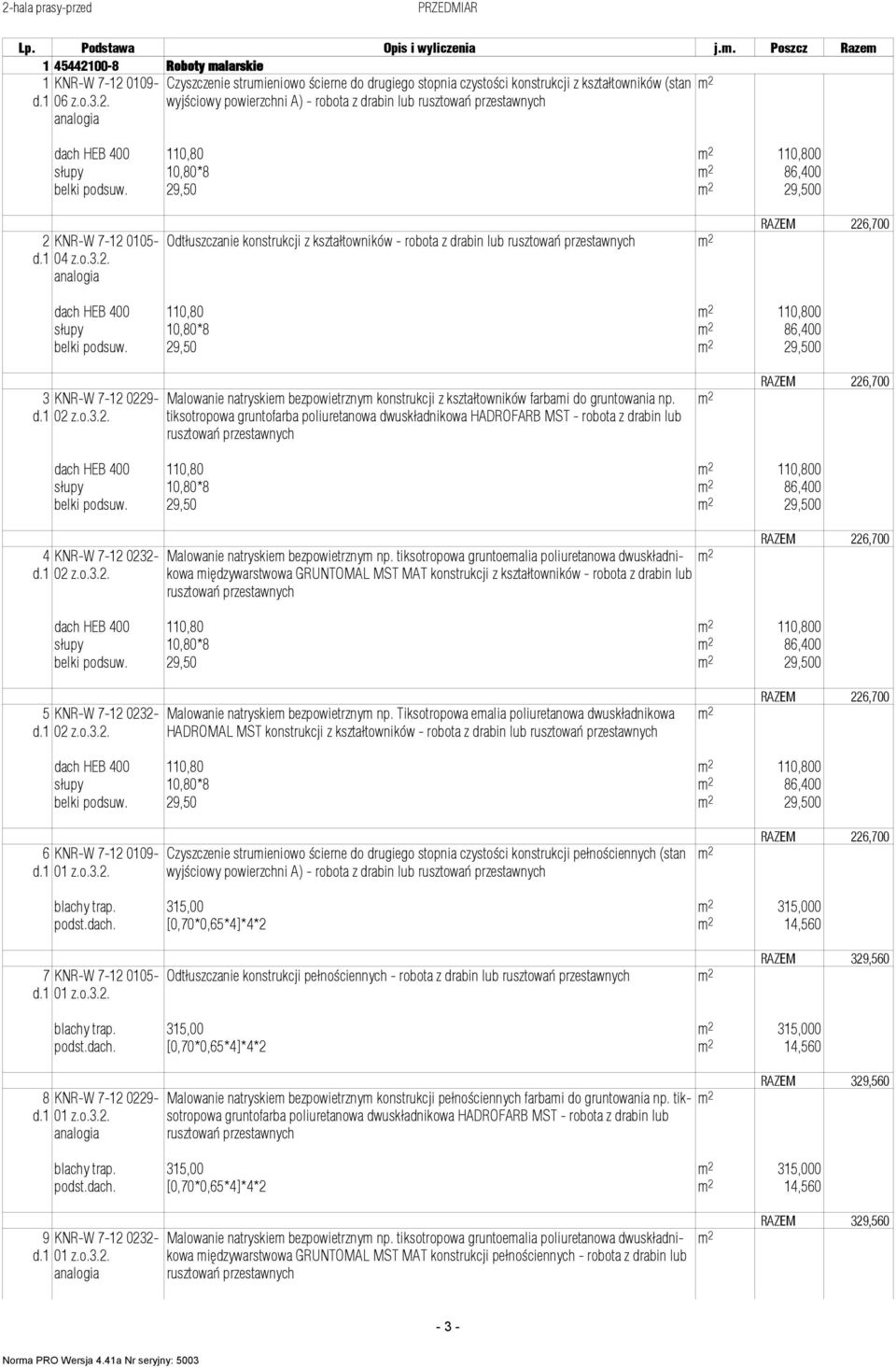 podsuw. 29,50 29,500 2 0105-04 z.o.3. Odtłuszczanie konstrukcji z kształtowników - robota z drabin lub RAZEM 226,700 dach HEB 400 110,80 110,800 słupy 10,80*8 86,400 belki podsuw.