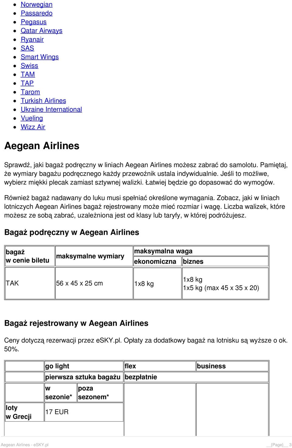 Bagaż: Wymiary i waga - Aegean Airlines - PDF Darmowe pobieranie
