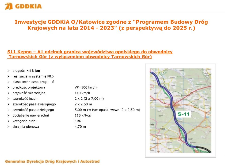 prędkość miarodajna 110 km/h szerokość jezdni 2 x 2 (2 x 7,00 m) szerokość pasa awaryjnego 2 x 2,50 m szerokość