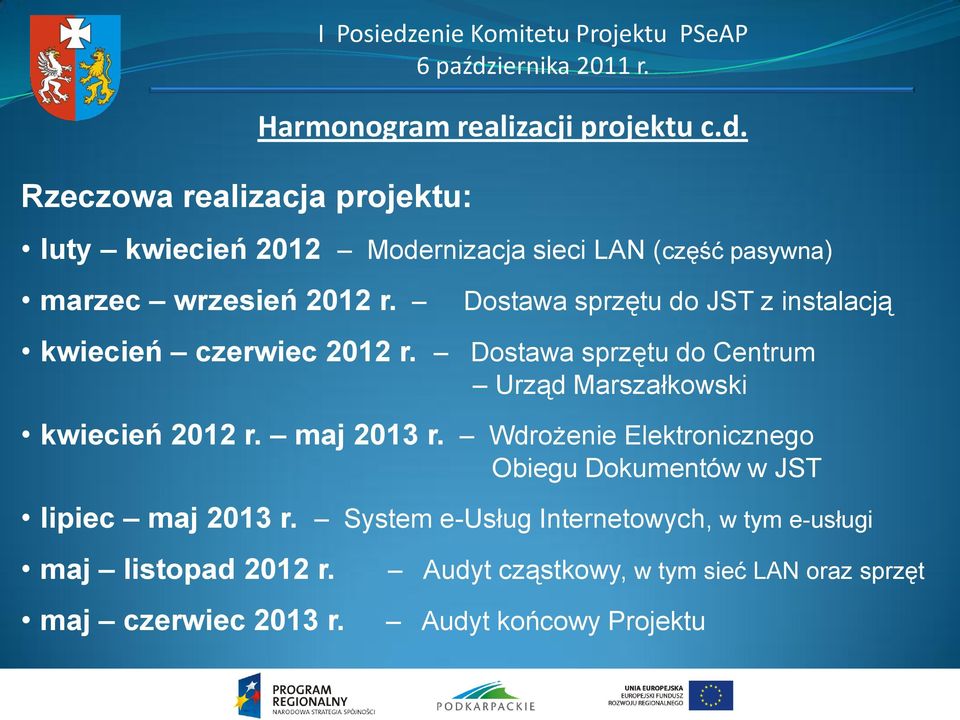Wdrożenie Elektronicznego Obiegu Dokumentów w JST lipiec maj 2013 r. System e-usług Internetowych, w tym e-usługi maj listopad 2012 r.