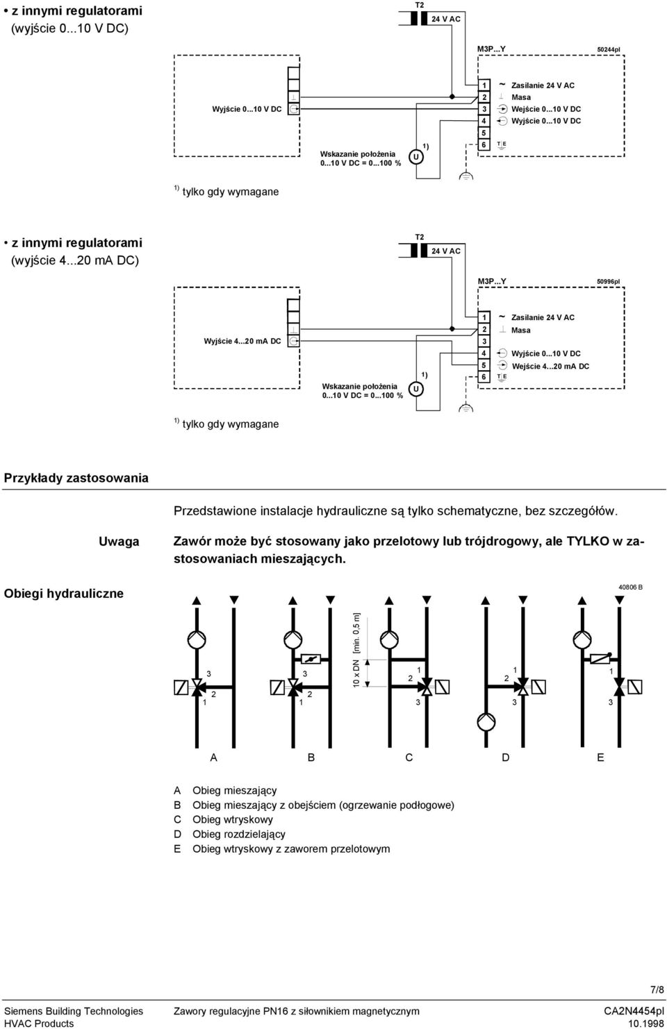 ..0 V DC Wejście...0 ma DC ) tylko gdy wymagane Przykłady zastosowania Przedstawione instalacje hydrauliczne są tylko schematyczne, bez szczegółów.
