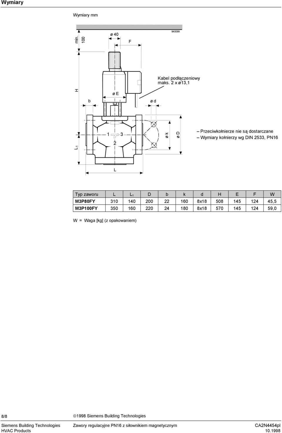 zaworu L L D b k d H E F W MP80FY 0 0 00 0 8x8 08, MP00FY 0 0 0 80 8x8 70 9,0 W = Waga [kg] (z