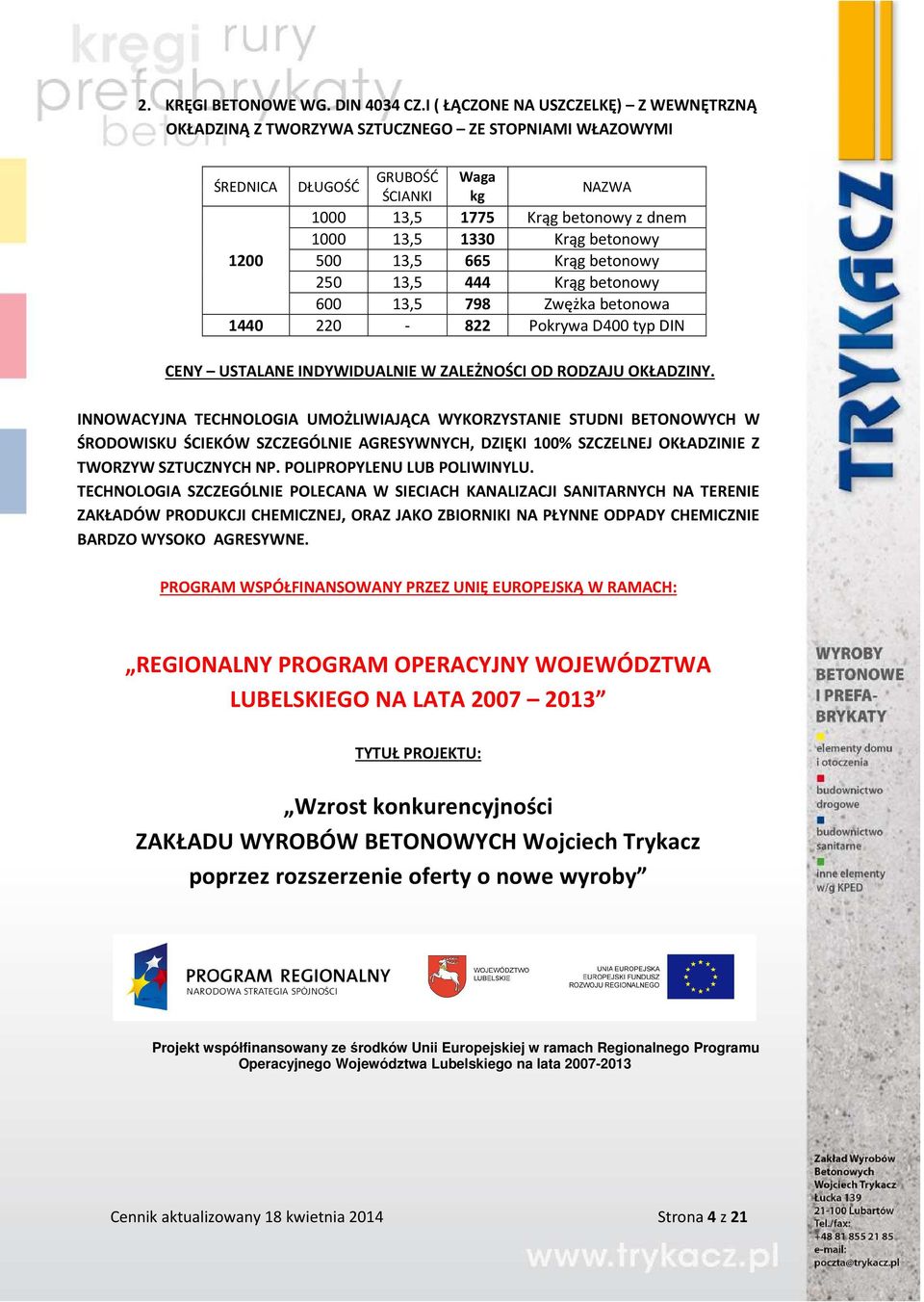 1200 500 13,5 665 Krąg betonowy 250 13,5 444 Krąg betonowy 600 13,5 798 Zwężka betonowa 1440 220-822 Pokrywa D400 typ DIN CENY USTALANE INDYWIDUALNIE W ZALEŻNOŚCI OD RODZAJU OKŁADZINY.