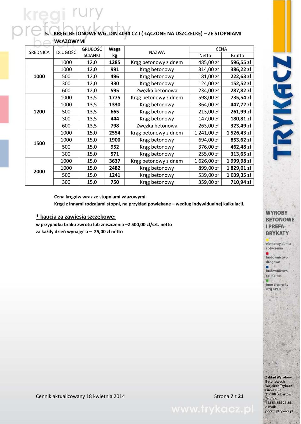 314,00 zł 386,22 zł 500 12,0 496 Krąg betonowy 181,00 zł 222,63 zł 300 12,0 330 Krąg betonowy 124,00 zł 152,52 zł 600 12,0 595 Zwężka betonowa 234,00 zł 287,82 zł 1000 13,5 1775 Krąg betonowy z dnem