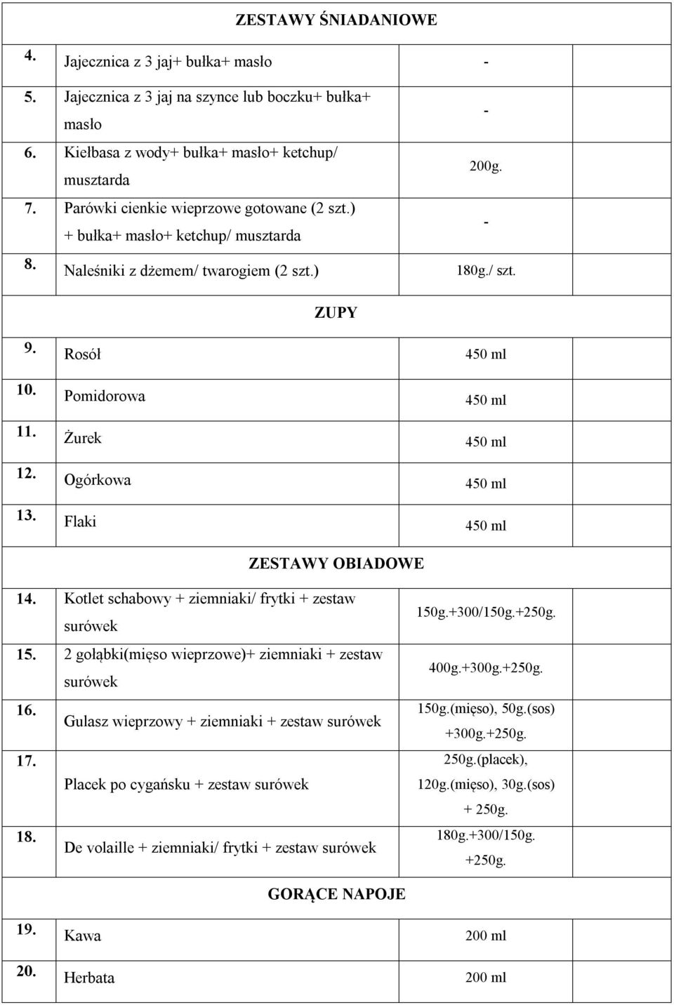 Żurek Ogórkowa 450 ml 450 ml 13. Flaki 450 ml ZESTAWY OBIADOWE 14. Kotlet schabowy + ziemniaki/ frytki + zestaw surówek 15. 2 gołąbki(mięso wieprzowe)+ ziemniaki + zestaw surówek 16.