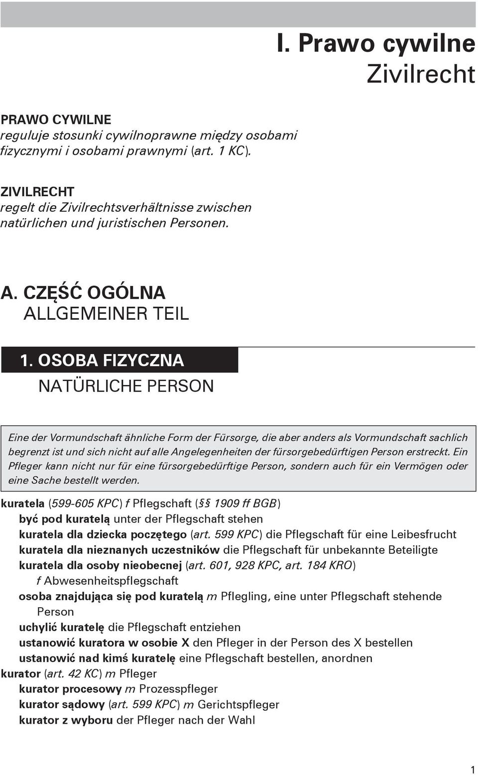 OSOBA FIZYCZNA NATÜRLICHE PERSON Eine der Vormundschaft ähnliche Form der Fürsorge, die aber anders als Vormundschaft sachlich begrenzt ist und sich nicht auf alle Angelegenheiten der