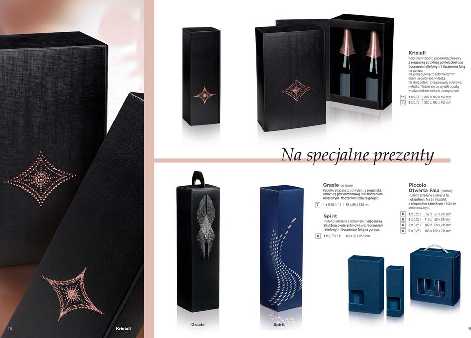 1 x 0,75 l 320 x 100 x 100 mm 2 x 0,75 l 320 x 15 x 100 mm Na specjalne prezenty 7 Grazie (po lewej) Pudełko składane z uchwytem, z elegancką strukturą powierzchniową oraz tłoczeniem reliefowym i