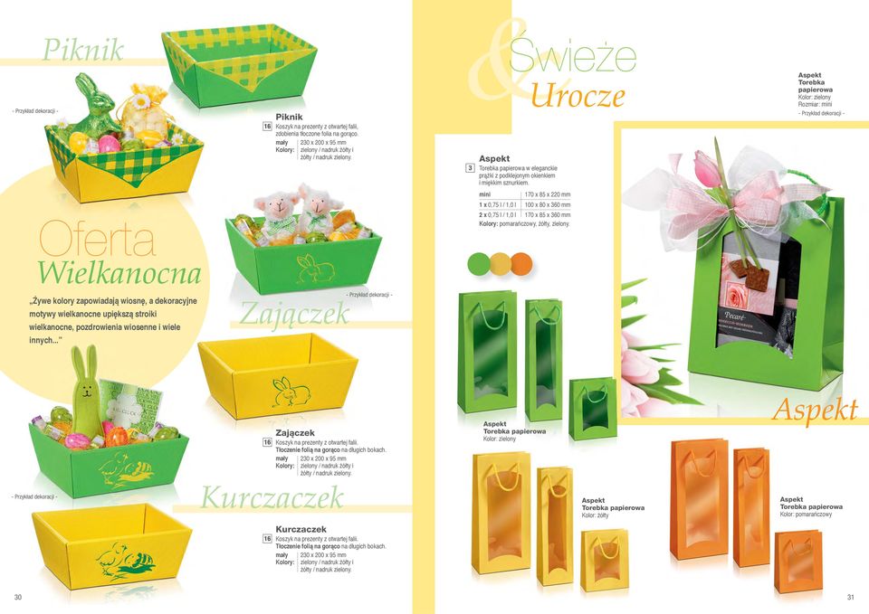 Urocze Torebka papierowa Kolor: zielony Rozmiar: mini Oferta Wielkanocna mini 170 x 85 x 220 mm 1 x 0,75 l / 1,0 l 100 x 80 x 360 mm 2 x 0,75 l / 1,0 l 170 x 85 x 360 mm pomarańczowy, żółty, zielony.