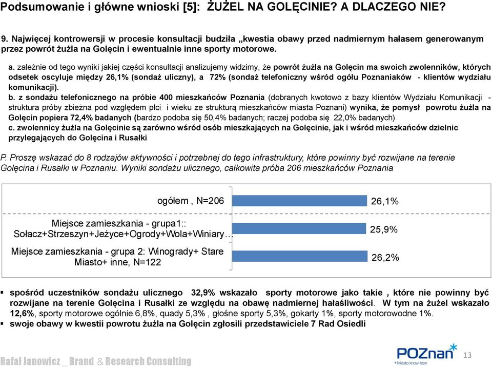 zależnie od tego wyniki jakiej części konsultacji analizujemy widzimy, że powrót żużla na Golęcin ma swoich zwolenników, których odsetek oscyluje między 26,1% (sondaż uliczny), a 72% (sondaż