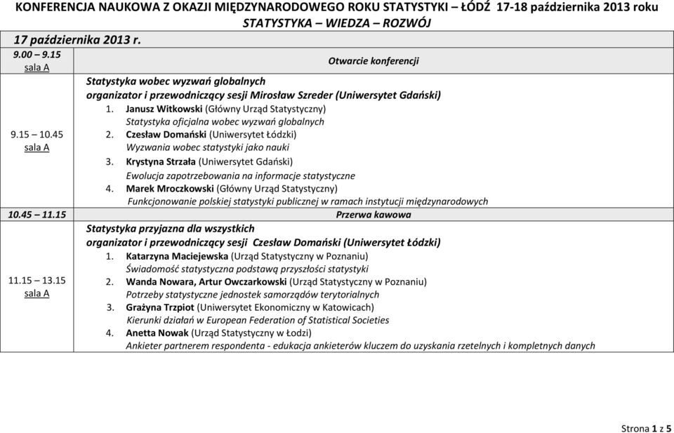 Janusz Witkowski (Główny Urząd Statystyczny) Statystyka oficjalna wobec wyzwao globalnych 9.15 10.45 2. Czesław Domaoski (Uniwersytet Łódzki) Wyzwania wobec statystyki jako nauki 3.