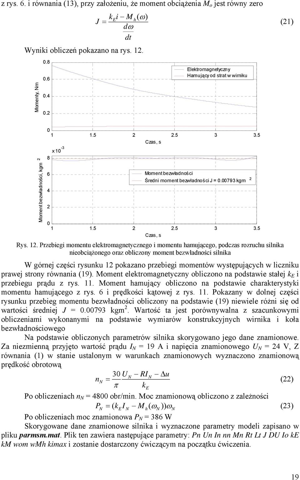 . Przebiegi momentu elektromagnetycznego i momentu hamującego, podczas rozruchu silnika nieobciążonego oraz obliczony moment bezwładności silnika W górnej części rysunku pokazano przebiegi momentów