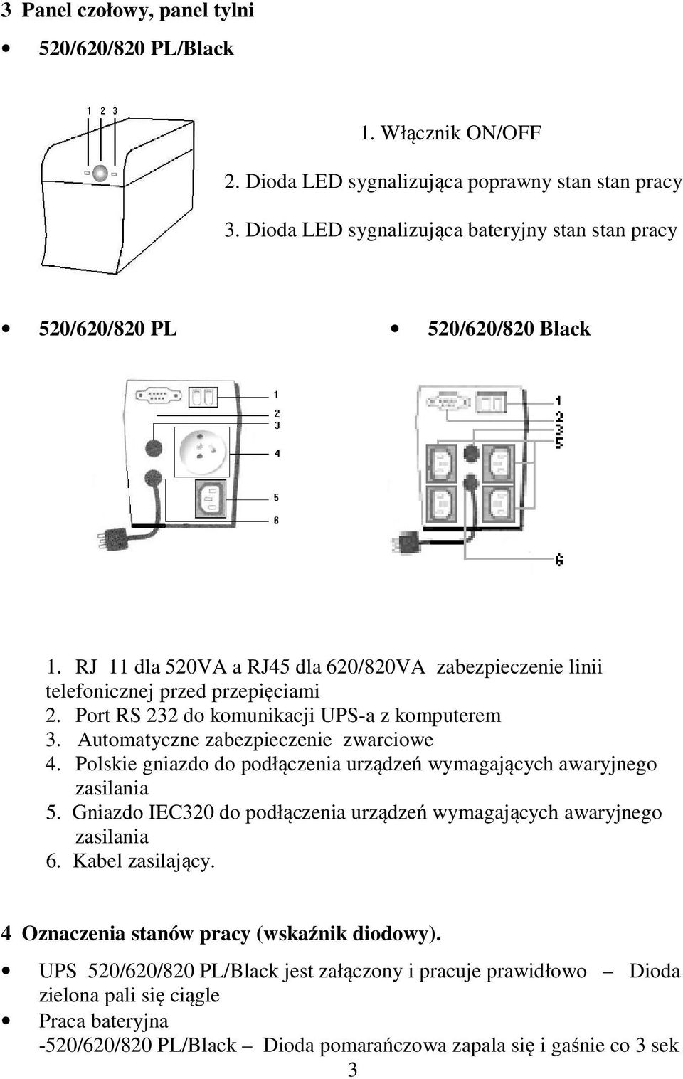 Port RS 232 do komunikacji UPS-a z komputerem 3. Automatyczne zabezpieczenie zwarciowe 4. Polskie gniazdo do podłączenia urządzeń wymagających awaryjnego zasilania 5.