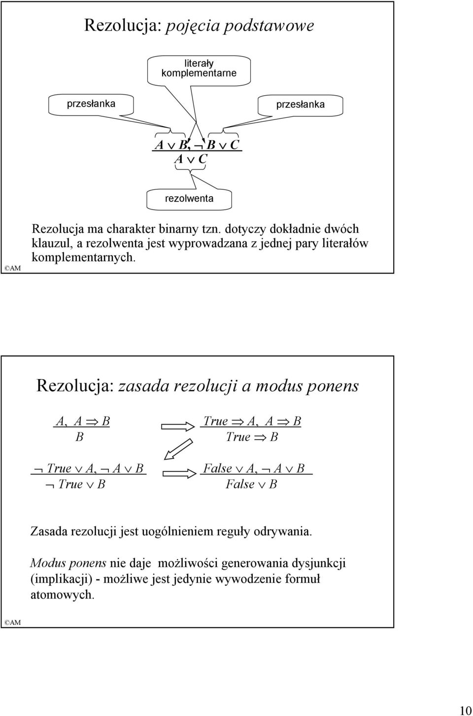 Rezolucja: zasada rezolucji a modus ponens A, A B True A, A B B True B True A, A B False A, A B True B False B Zasada rezolucji jest