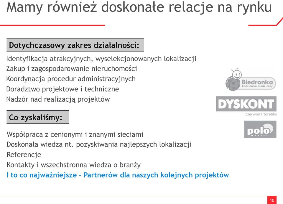 Nadzór nad realizacją projektów Co zyskaliśmy: Współpraca z cenionymi i znanymi sieciami Doskonała wiedza nt.