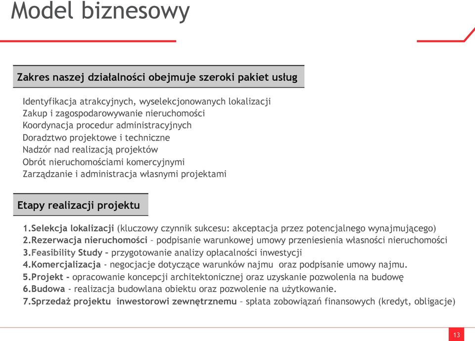 Selekcja lokalizacji (kluczowy czynnik sukcesu: akceptacja przez potencjalnego wynajmującego) 2.Rezerwacja nieruchomości podpisanie warunkowej umowy przeniesienia własności nieruchomości 3.