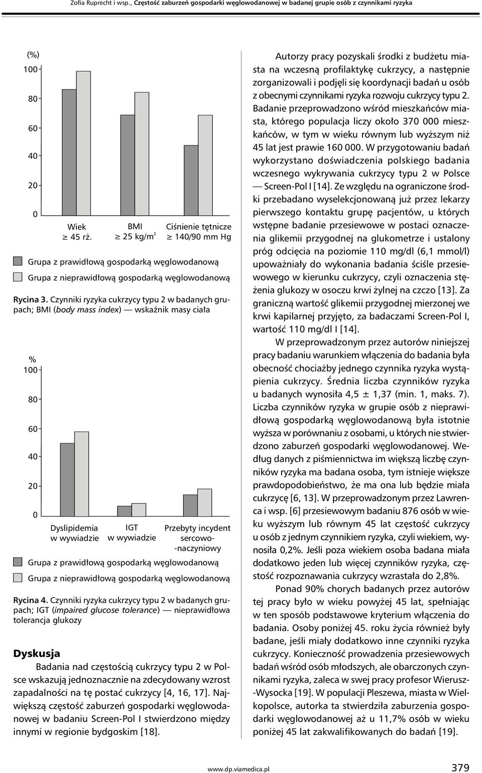 Czynniki ryzyka cukrzycy typu 2 w badanych grupach; BMI (body mass index) wskaźnik masy ciała Przebyty incydent sercowo- -naczyniowy Grupa z prawidłową gospodarką węglowodanową Grupa z nieprawidłową