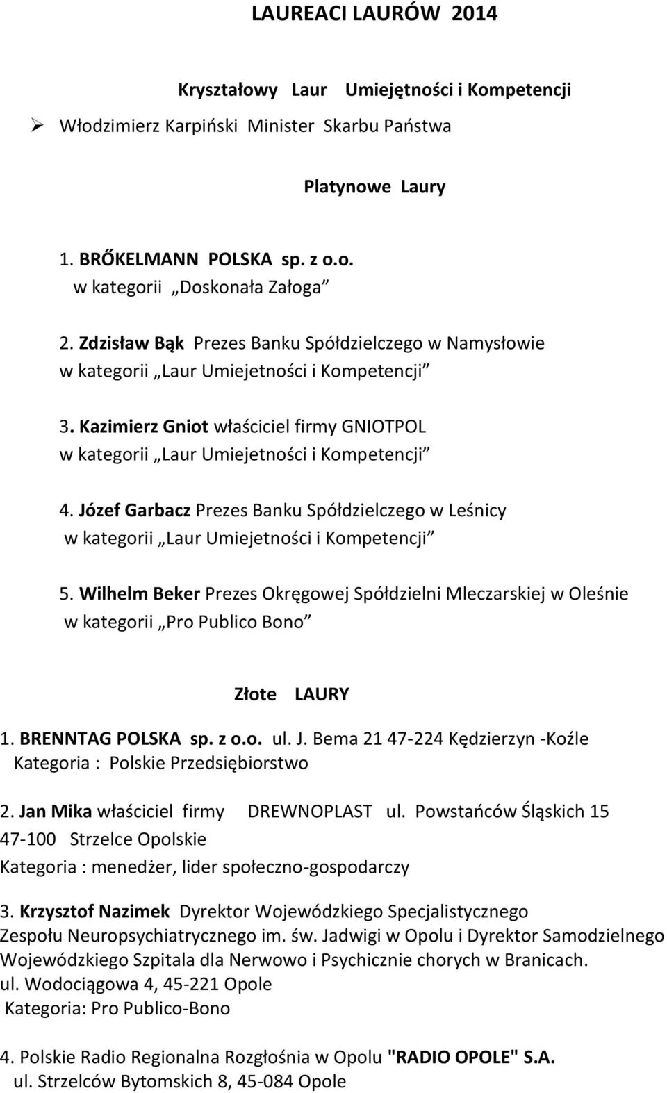 Wilhelm Beker Prezes Okręgowej Spółdzielni Mleczarskiej w Oleśnie w kategorii Pro Publico Bono Złote LAURY 1. BRENNTAG POLSKA sp. z o.o. ul. J. Bema 21 47-224 Kędzierzyn -Koźle 2.