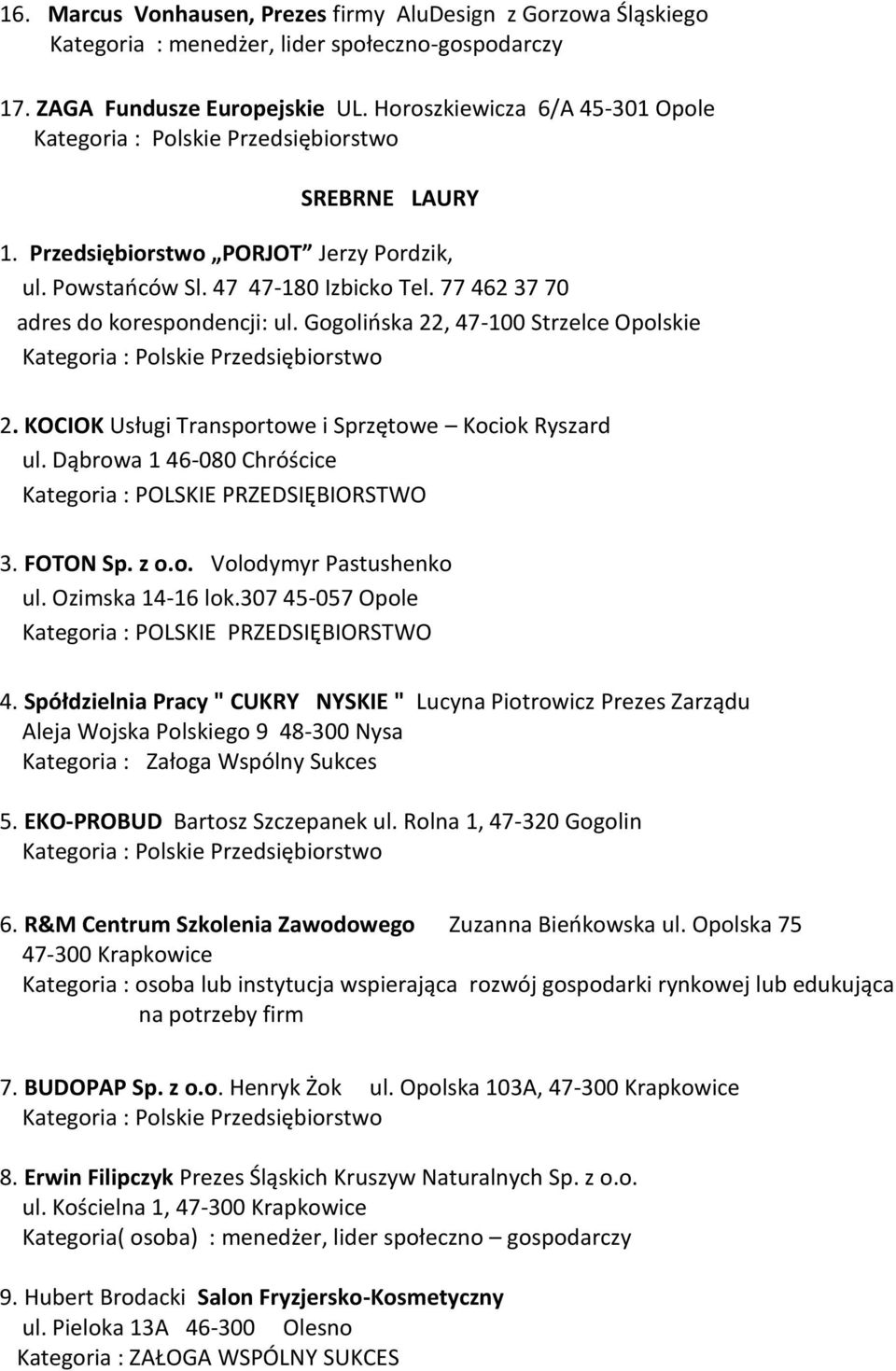 Dąbrowa 1 46-080 Chróścice Kategoria : POLSKIE PRZEDSIĘBIORSTWO 3. FOTON Sp. z o.o. Volodymyr Pastushenko ul. Ozimska 14-16 lok.307 45-057 Opole Kategoria : POLSKIE PRZEDSIĘBIORSTWO 4.