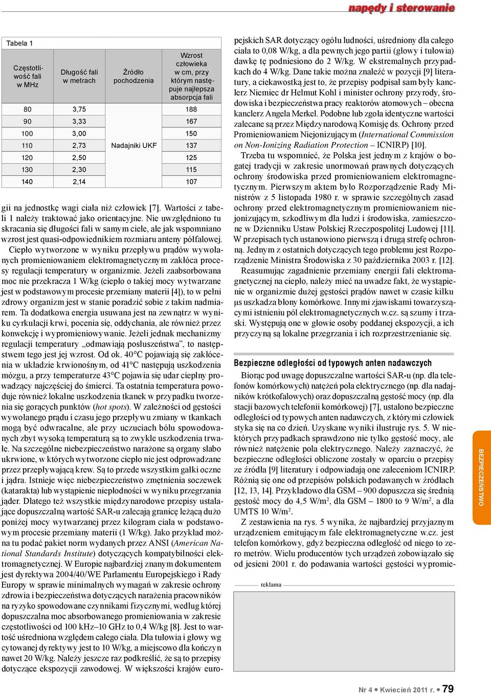 dla stacji bazowych telefonii komórkowej) [7], ustalono bezpieczne odległości od typowych anten nadawczych, z którymi człowiek styka się na co dzień. Uzyskane wyniki ilustruje rys. 5.