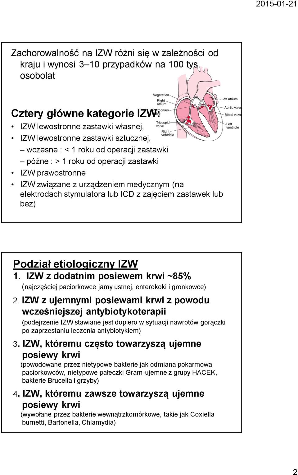 prawostronne IZW związane z urządzeniem medycznym (na elektrodach stymulatora lub ICD z zajęciem zastawek lub bez) Podział etiologiczny IZW 1.