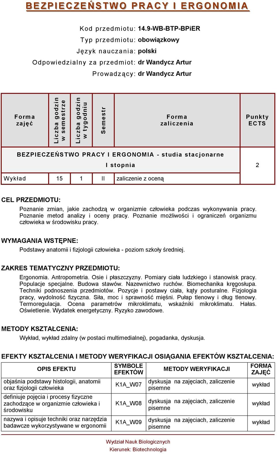 ECTS BEZPIECZEŃSTWO PRACY I ERGONOMIA - studia stacjonarne I stopnia 2 W ykład 15 1 II zaliczenie z oceną CEL PRZEDMIOTU: Poznanie zmian, jakie zachodzą w organizmie człowieka podczas wykonywania