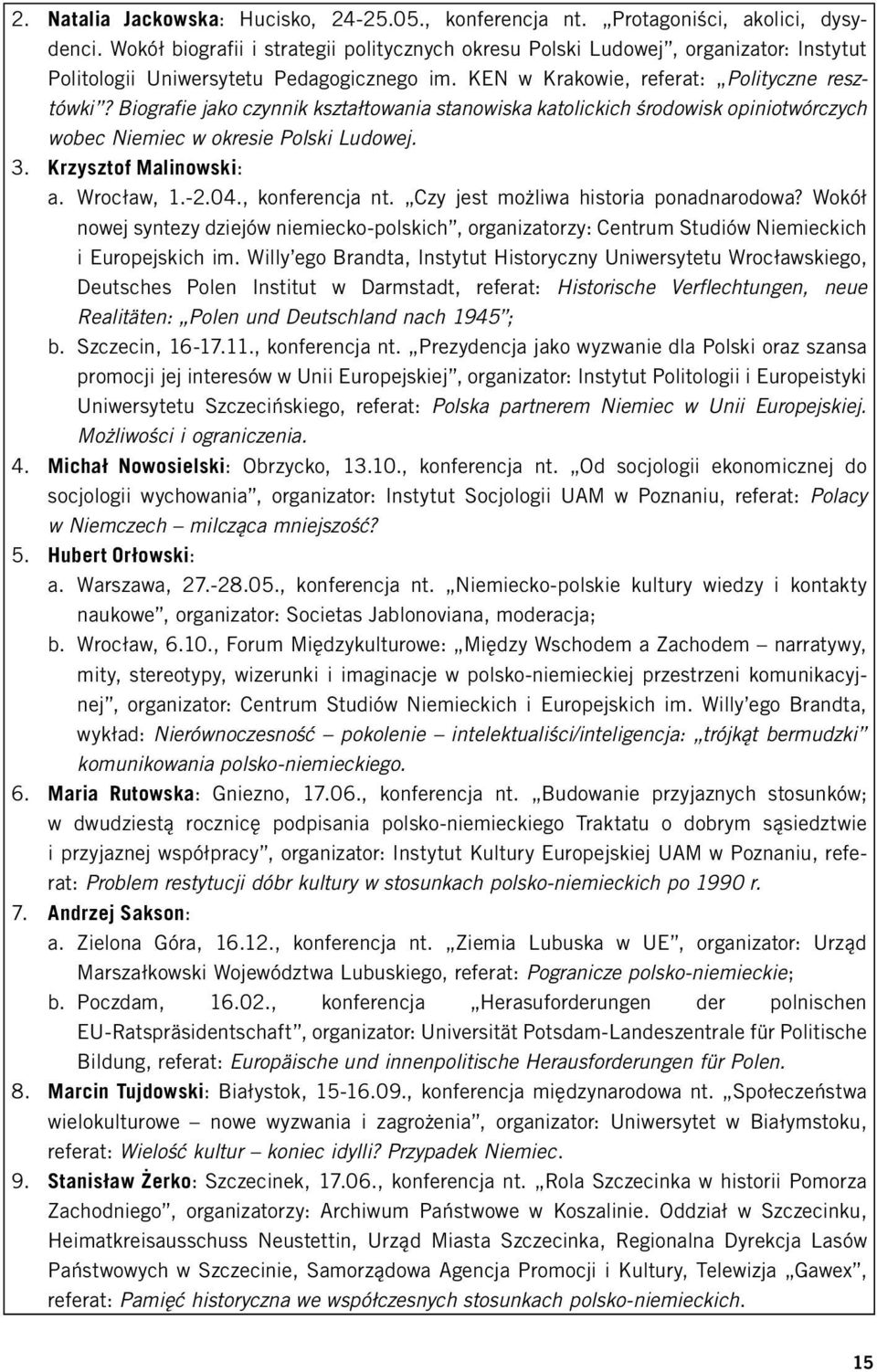 Biografie jako czynnik kształtowania stanowiska katolickich środowisk opiniotwórczych wobec Niemiec w okresie Polski Ludowej. 3. Krzysztof Malinowski: a. Wrocław, 1.-2.04., konferencja nt.