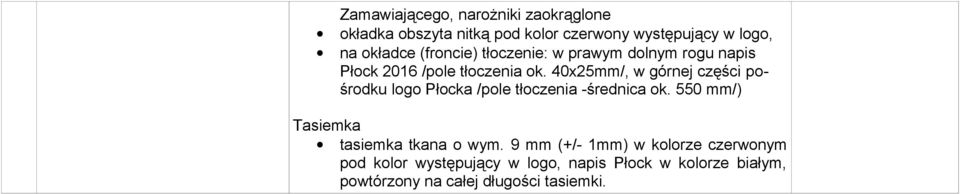 40x25mm/, w górnej części pośrodku logo Płocka /pole tłoczenia -średnica ok.