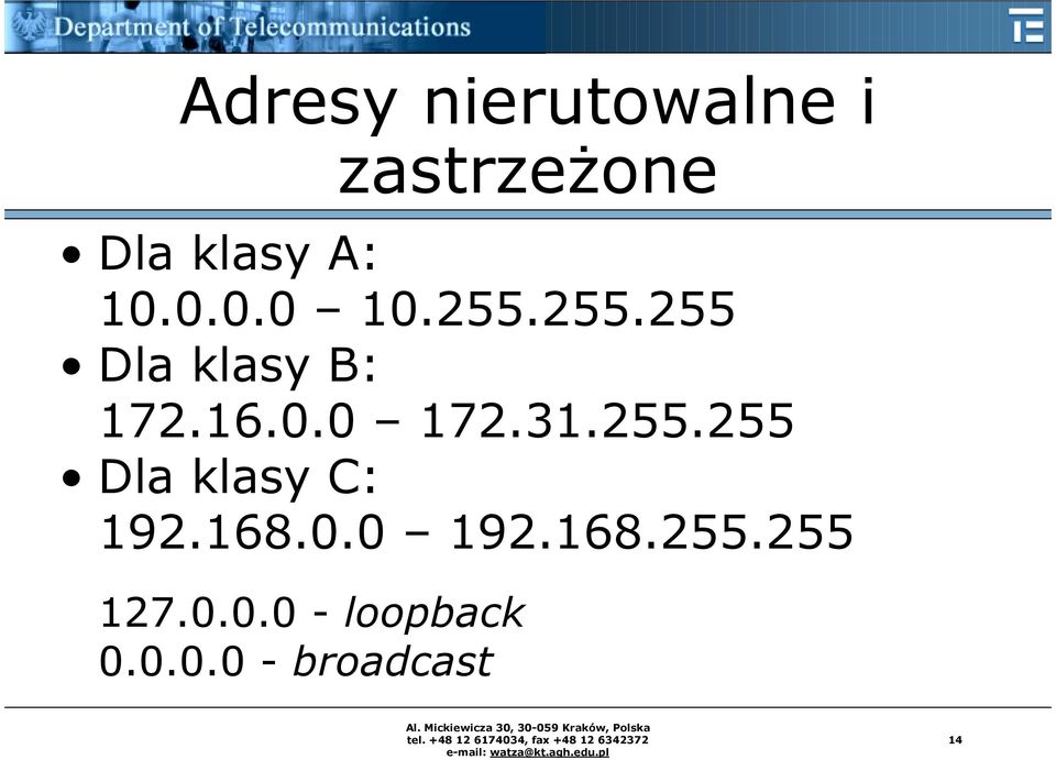 31.255.255 Dla klasy C: 192.168.0.0 192.168.255.255 127.